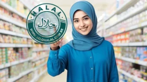 uma mulçumana aponta para selo halal